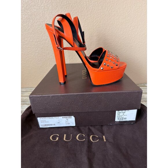 Gucci Shoes - Gucci Malaga Kid Orange Leather Studded Platform Heels EU 40 Box Dust Bag w/COA